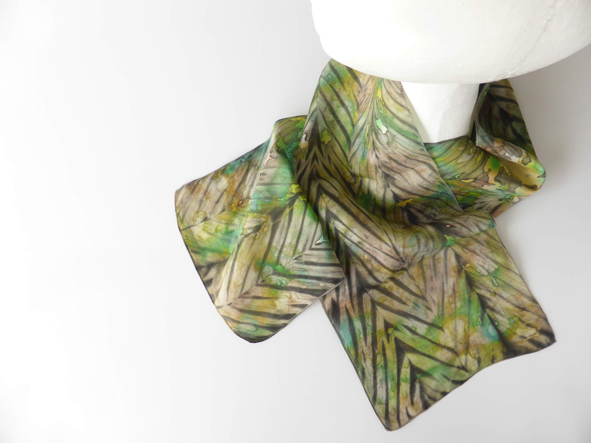 Green, Yellow & Brown Arashi Shibori Silk Scarf by Andrea McCallum