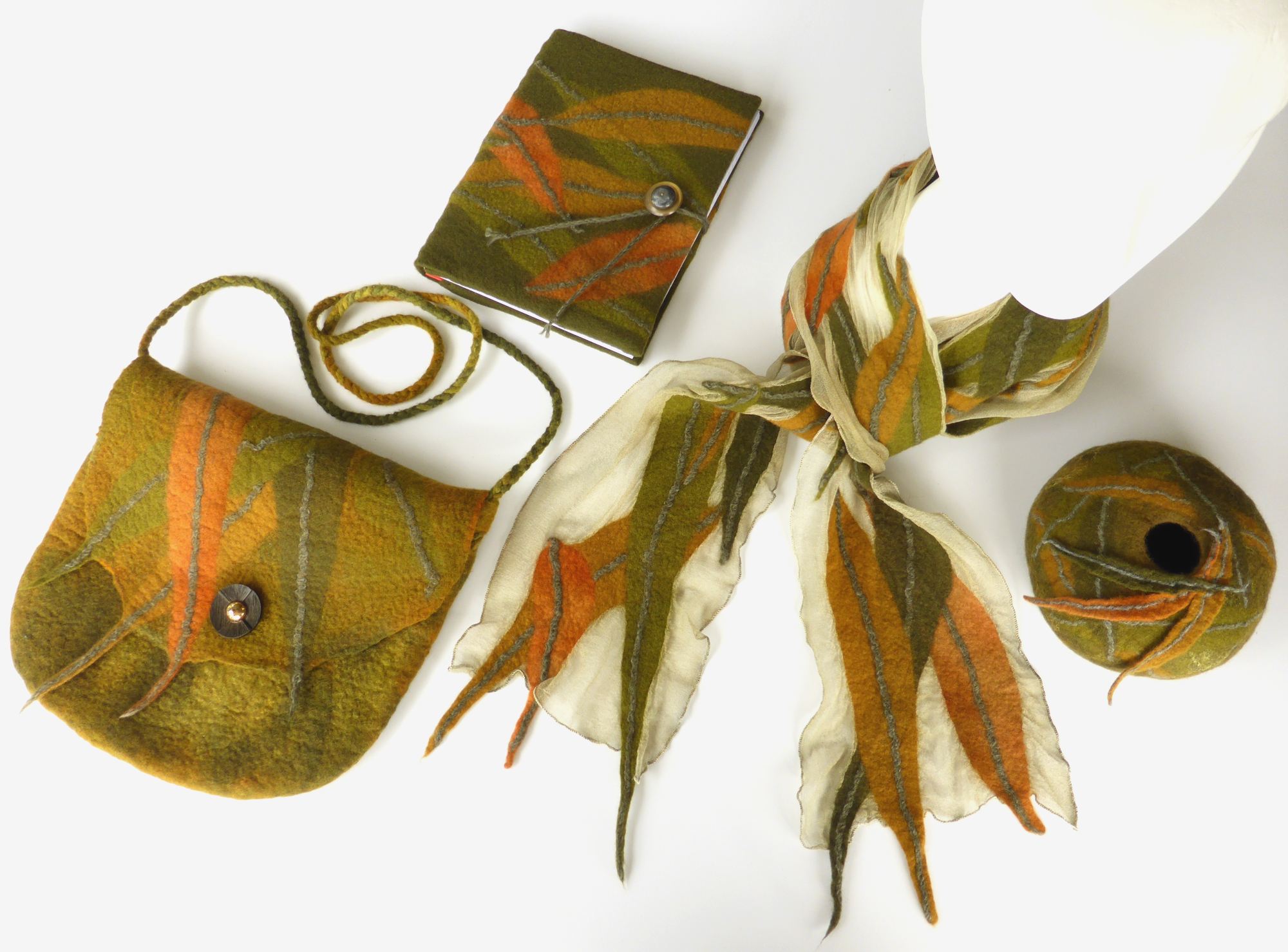 Eucalyptus leaves felt series - scarf, bag and book (2016) by Andrea McCallum